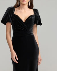 Mac Duggal #11876 black velvet gown puff sleeve and bodice detail