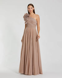 Mac Duggal Pink Pleated One-Shoulder Ruffle Gown #11879 Champagne