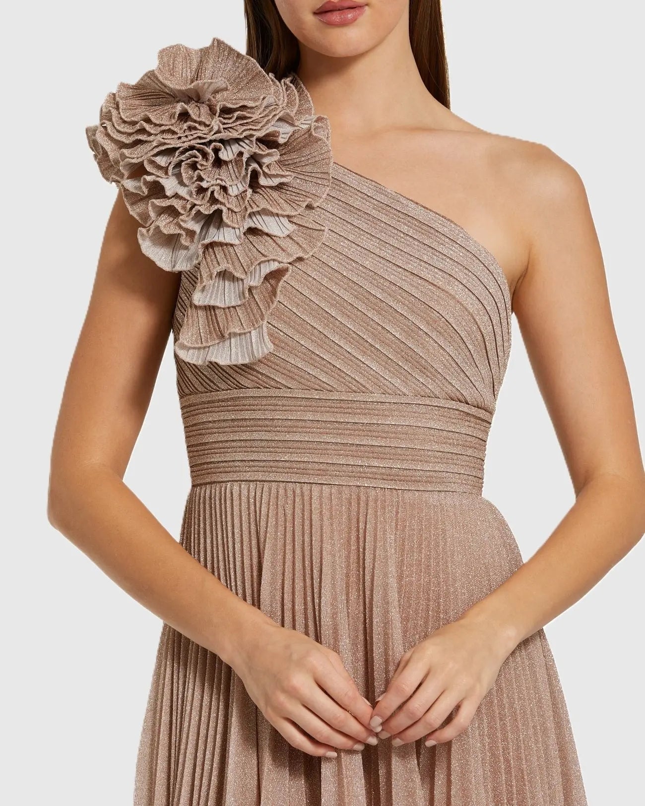 Mac Duggal Pink Pleated One-Shoulder Ruffle Gown #11879 Champagne