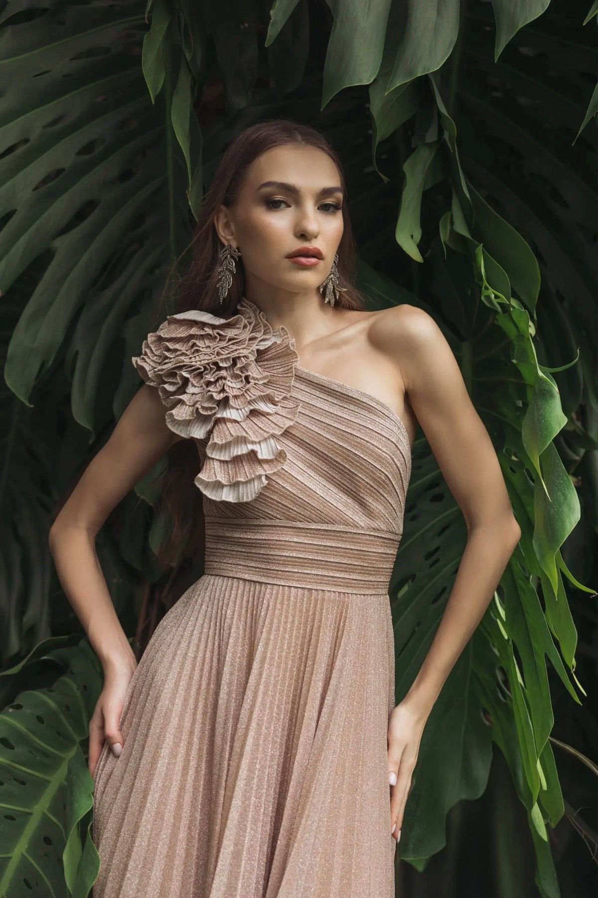 Mac Duggal Pink Pleated One-Shoulder Ruffle Gown #11879 Champagne

