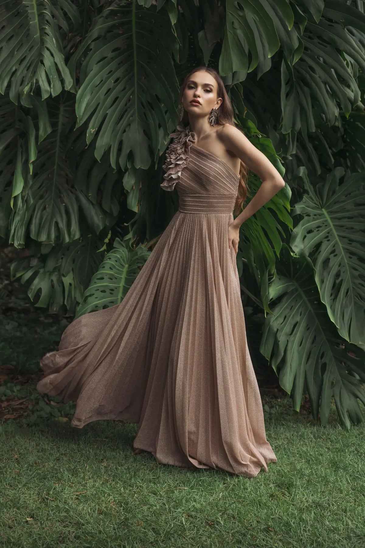 Pink Pleated One Shoulder Ruffle Gown

