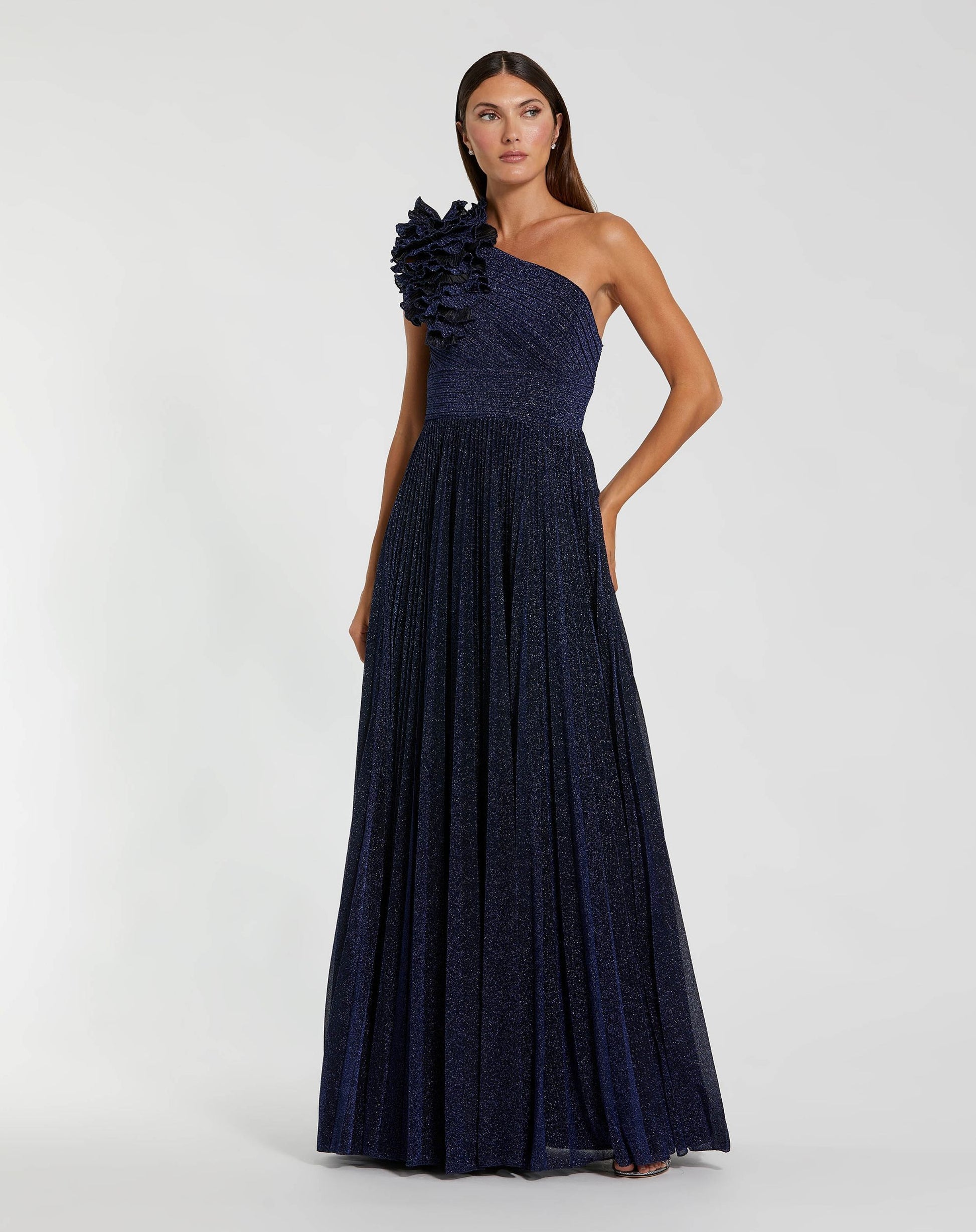 Mac Duggal #11879 Navy Pleated One Shoulder Ruffle Gown