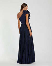 Navy blue evening gown with ruffled shoulder design on a white background