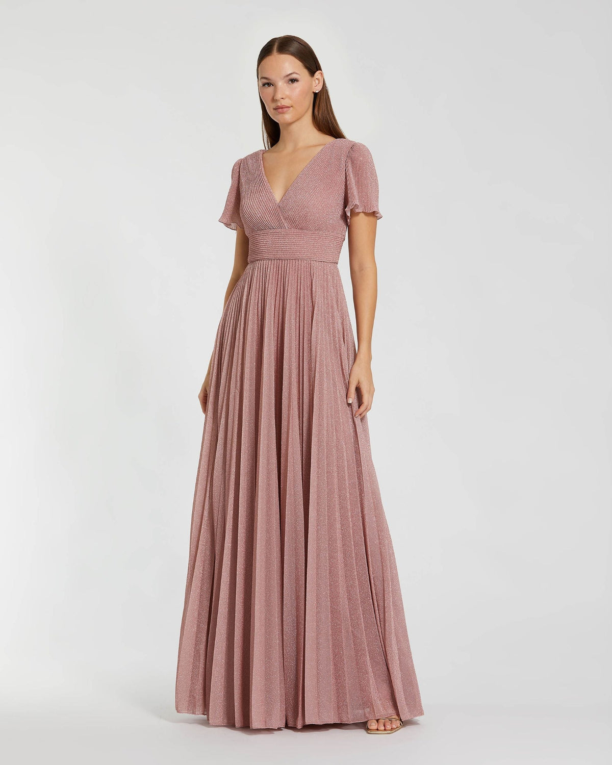 Mac Duggal #11881 dusty rose pleated metallic flutter sleeve a line gown