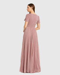 Mac Duggal #11881 dusty rose pleated metallic flutter sleeve a line gown