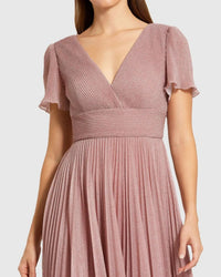 Mac Duggal #11881 dusty rose pleated metallic flutter sleeve a line gown