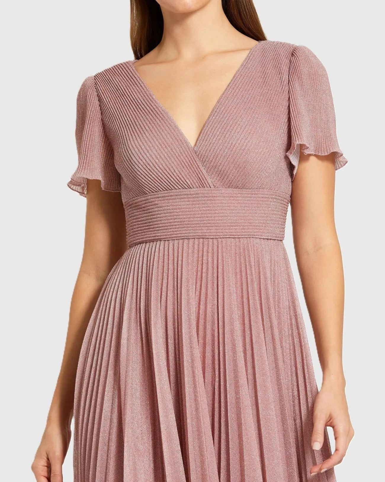 Mac Duggal #11881 dusty rose pleated metallic flutter sleeve a line gown