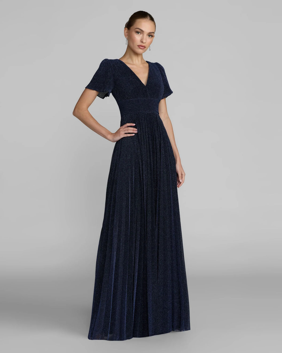 Mac Duggal #11881 Navy Pleated Metallic Flutter Sleeve A Line Gown