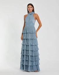 Mac Duggal 11882 Powder Blue metallic halter neck ruffle gown with 3D flower - front