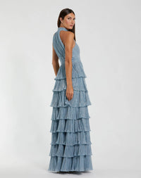 Mac Duggal 11882 Powder Blue metallic halter neck ruffle gown with 3D flower - back