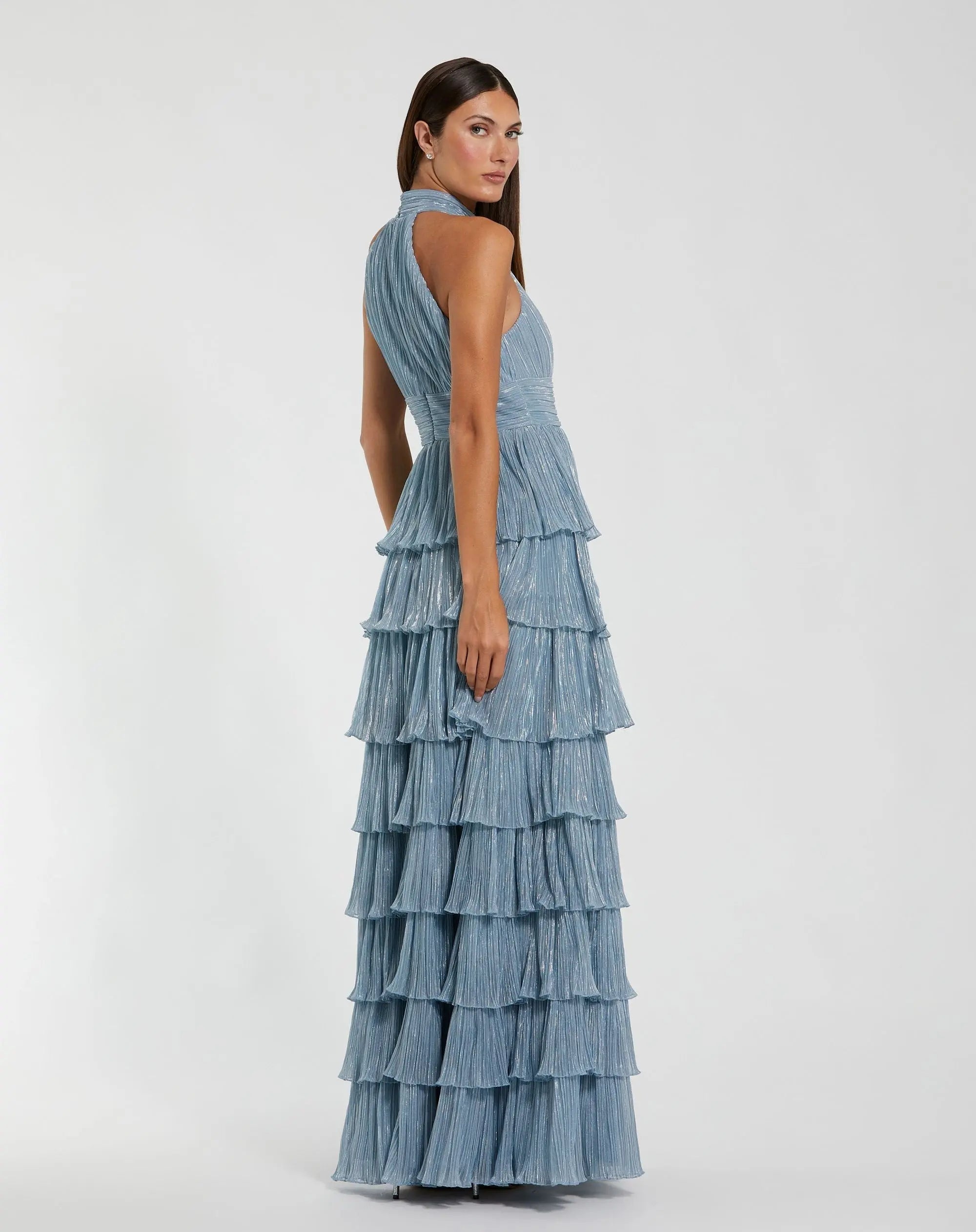 Mac Duggal 11882 Powder Blue metallic halter neck ruffle gown with 3D flower - back