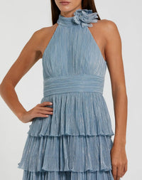 Mac Duggal 11882 Powder Blue metallic halter neck ruffle gown with 3D flower - detail