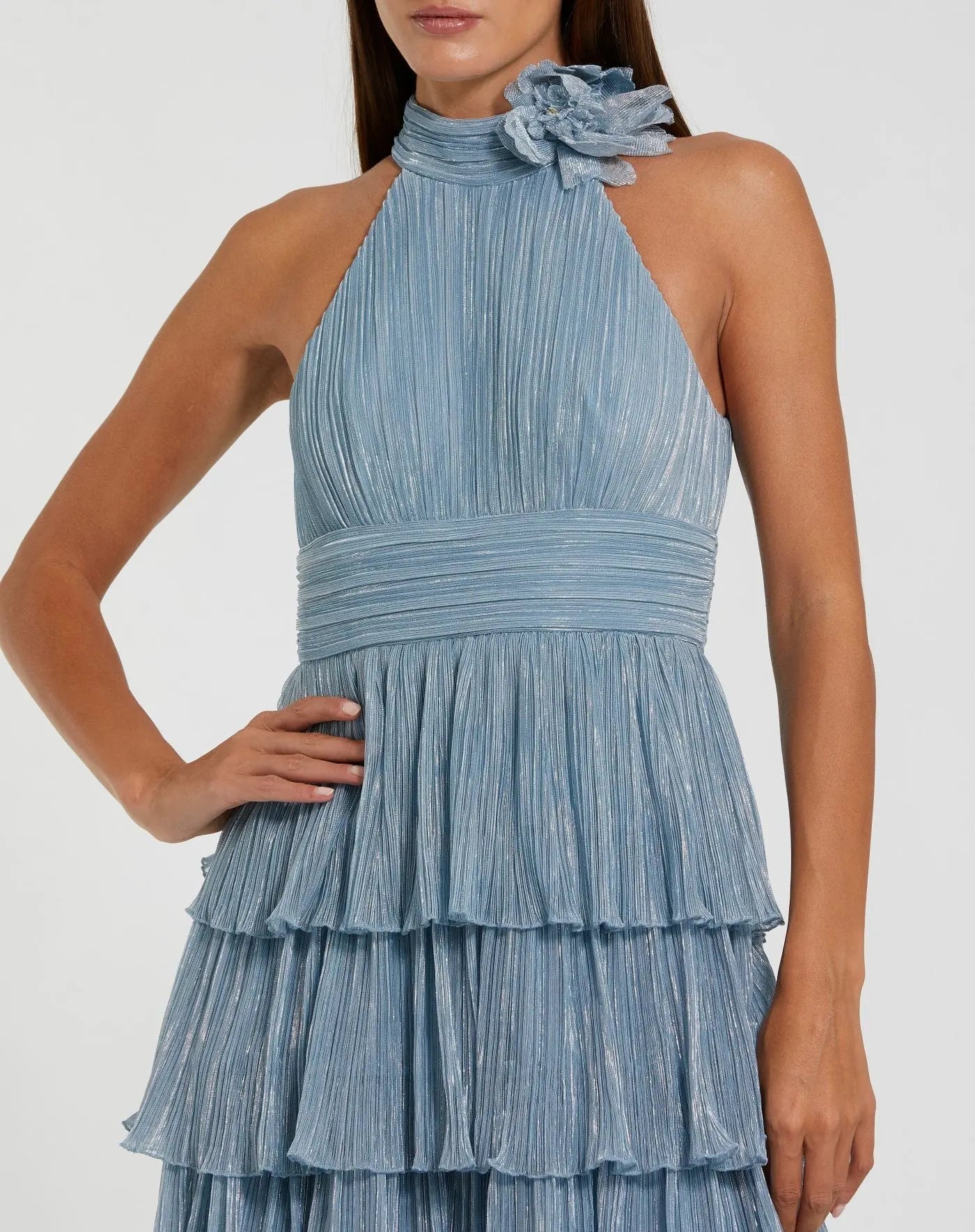 Mac Duggal 11882 Powder Blue metallic halter neck ruffle gown with 3D flower - detail