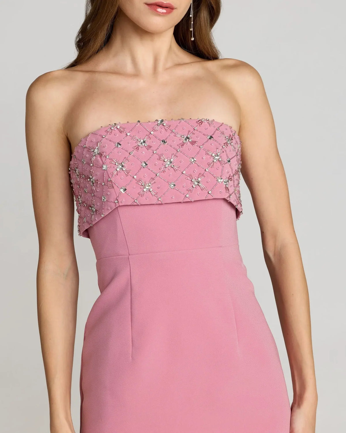  Mac Duggal Pink Strapless Crepe Midi Dress With Rhinestone Detail #11883