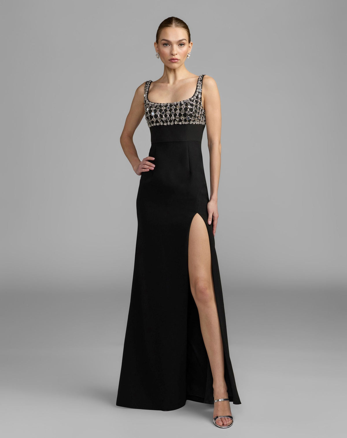 Mac Duggal #11884 black sleeveless crepe gown with embellished bodice