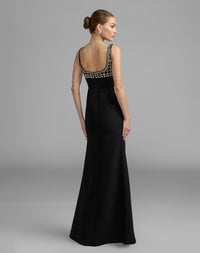 Mac Duggal #11884 black sleeveless crepe gown with embellished bodice