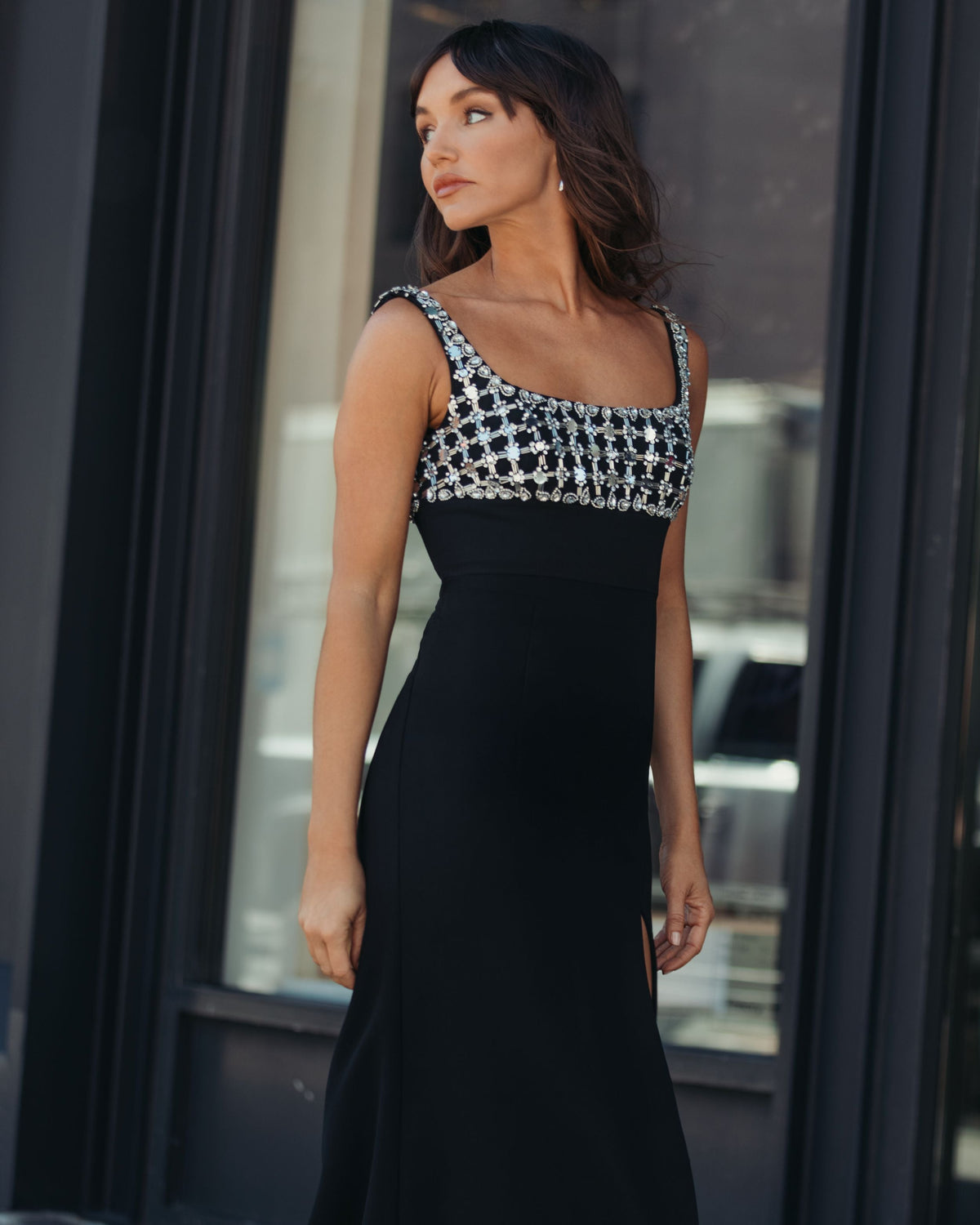 Mac Duggal #11884 black sleeveless crepe gown with embellished bodice