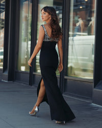 Mac Duggal #11884 black sleeveless crepe gown with embellished bodice