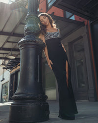 Mac Duggal #11884 black sleeveless crepe gown with embellished bodice
