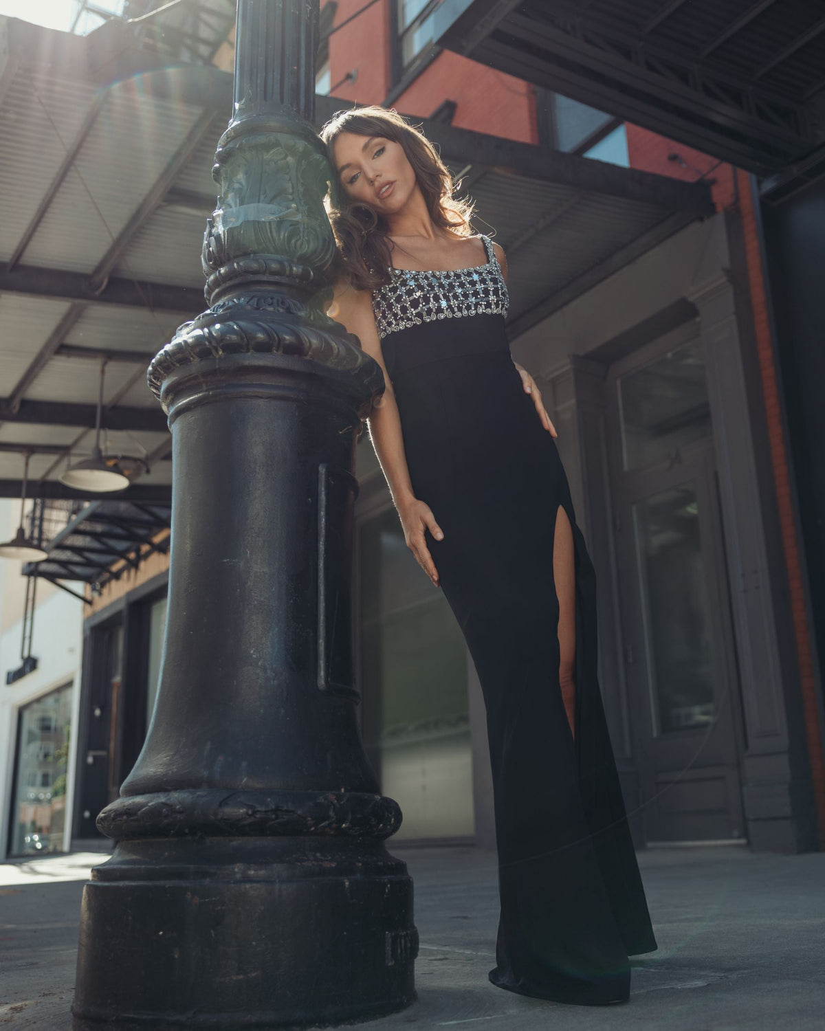 Mac Duggal #11884 black sleeveless crepe gown with embellished bodice