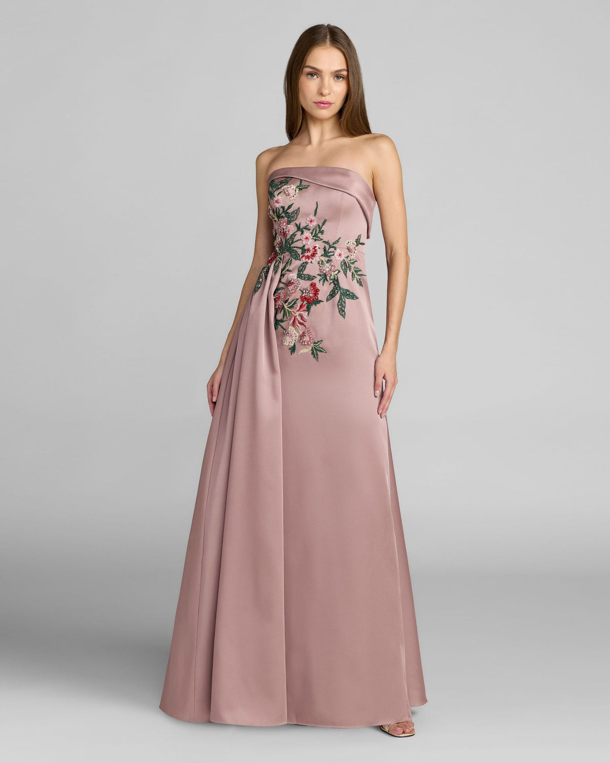 Back view of model in Mac Duggal 11894 mocha gown walking up stairs