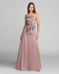 Back view of model in Mac Duggal 11894 mocha gown walking up stairs