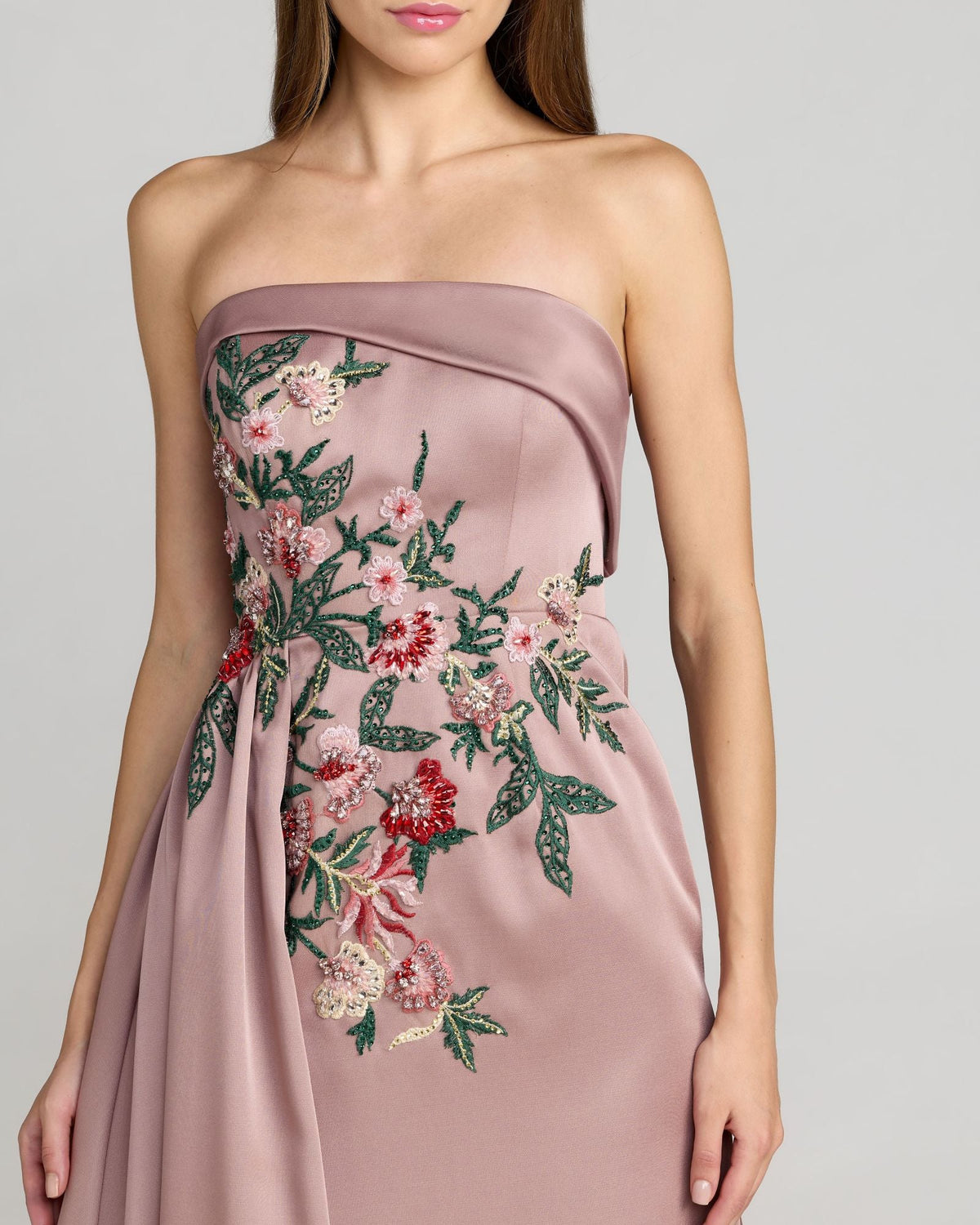 Close up view of Mac Duggal 11894 mocha satin gown showing waist embroidery and back zipper