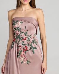 Close up view of Mac Duggal 11894 mocha satin gown showing waist embroidery and back zipper