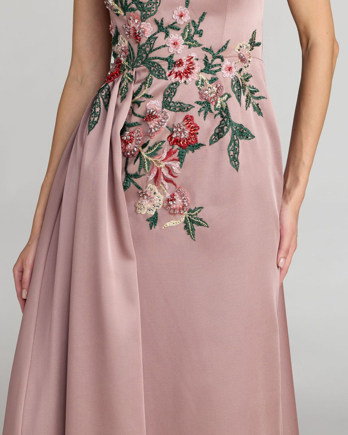 Detailed view of draped bodice and floral embroidery on Mac Duggal 11894 mocha dress