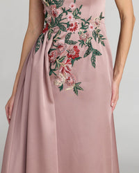 Detailed view of draped bodice and floral embroidery on Mac Duggal 11894 mocha dress