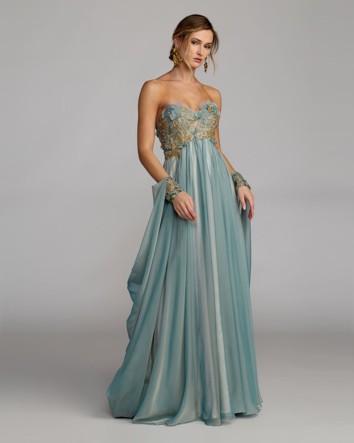 Strapless Embellished Chiffon Cape Gown