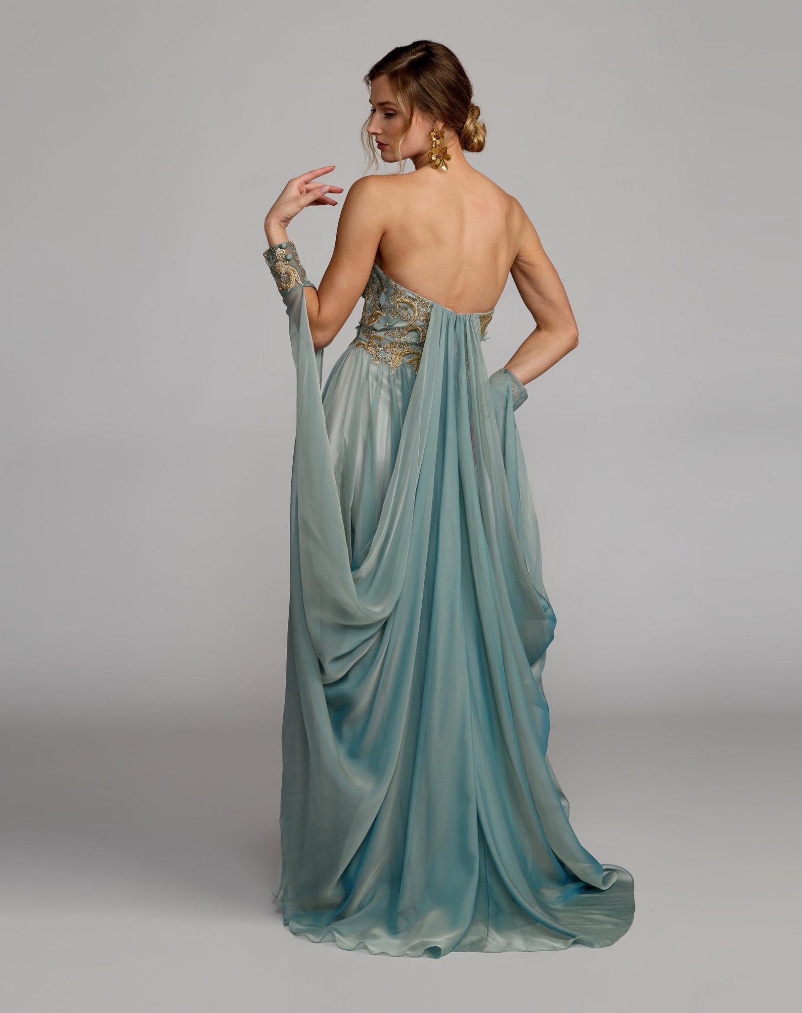 Strapless Embellished Chiffon Cape Gown