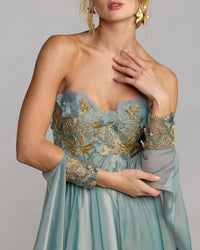 Strapless Embellished Chiffon Cape Gown