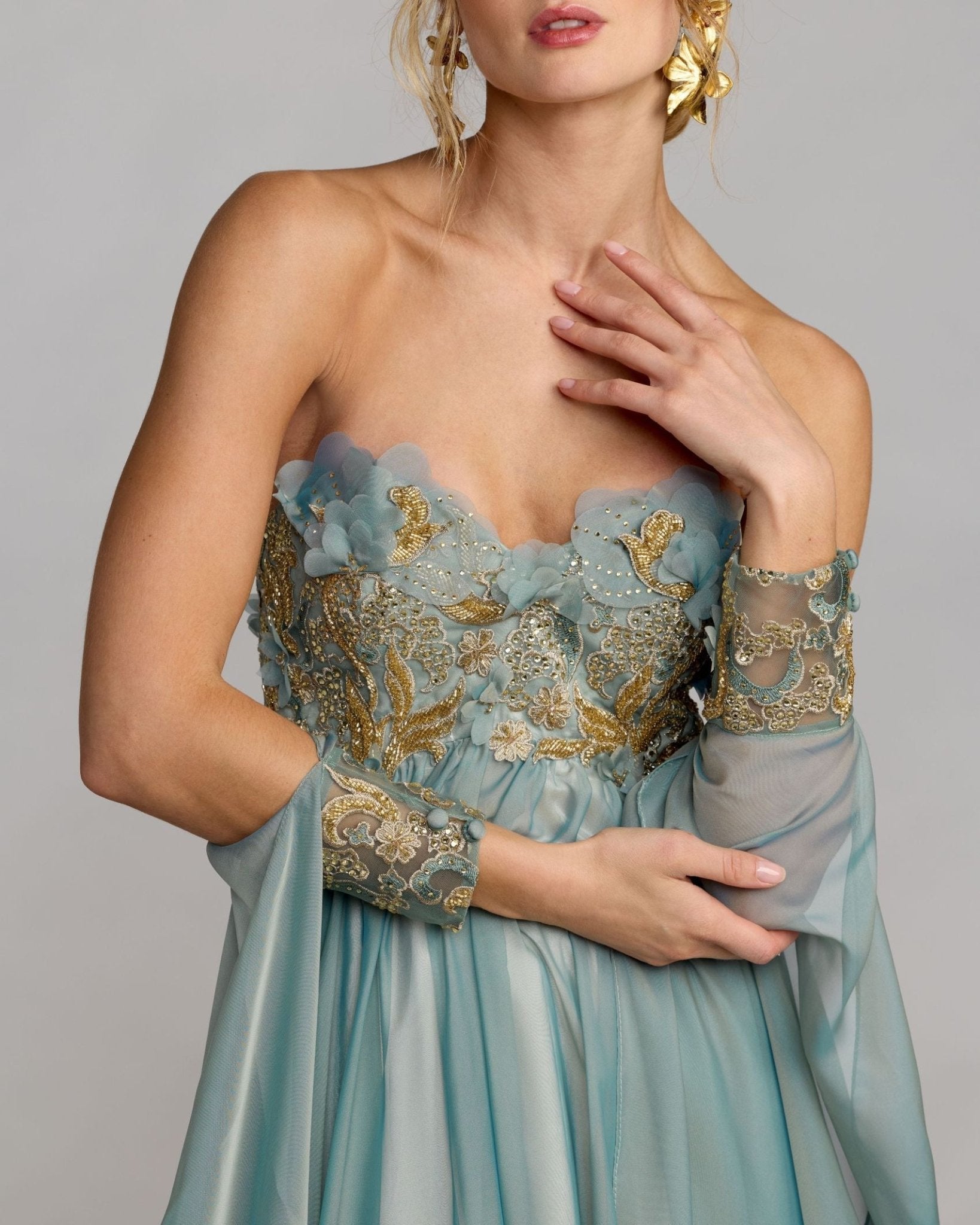 Strapless Embellished Chiffon Cape Gown