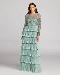 Mac Duggal #11903 sage embellished illusion long sleeve ruffle gown, front view
