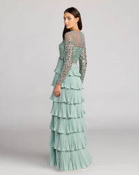 Mac Duggal #11903 sage tiered ruffle gown, back view with sheer illusion back