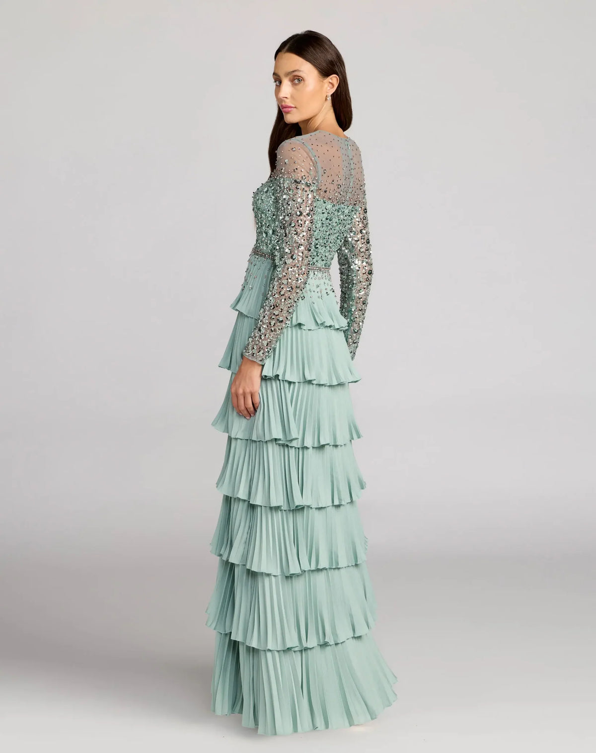 Mac Duggal #11903 sage tiered ruffle gown, back view with sheer illusion back