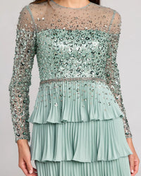 Mac Duggal #11903 sage gown, close-up of beaded bodice and illusion jewel neckline
