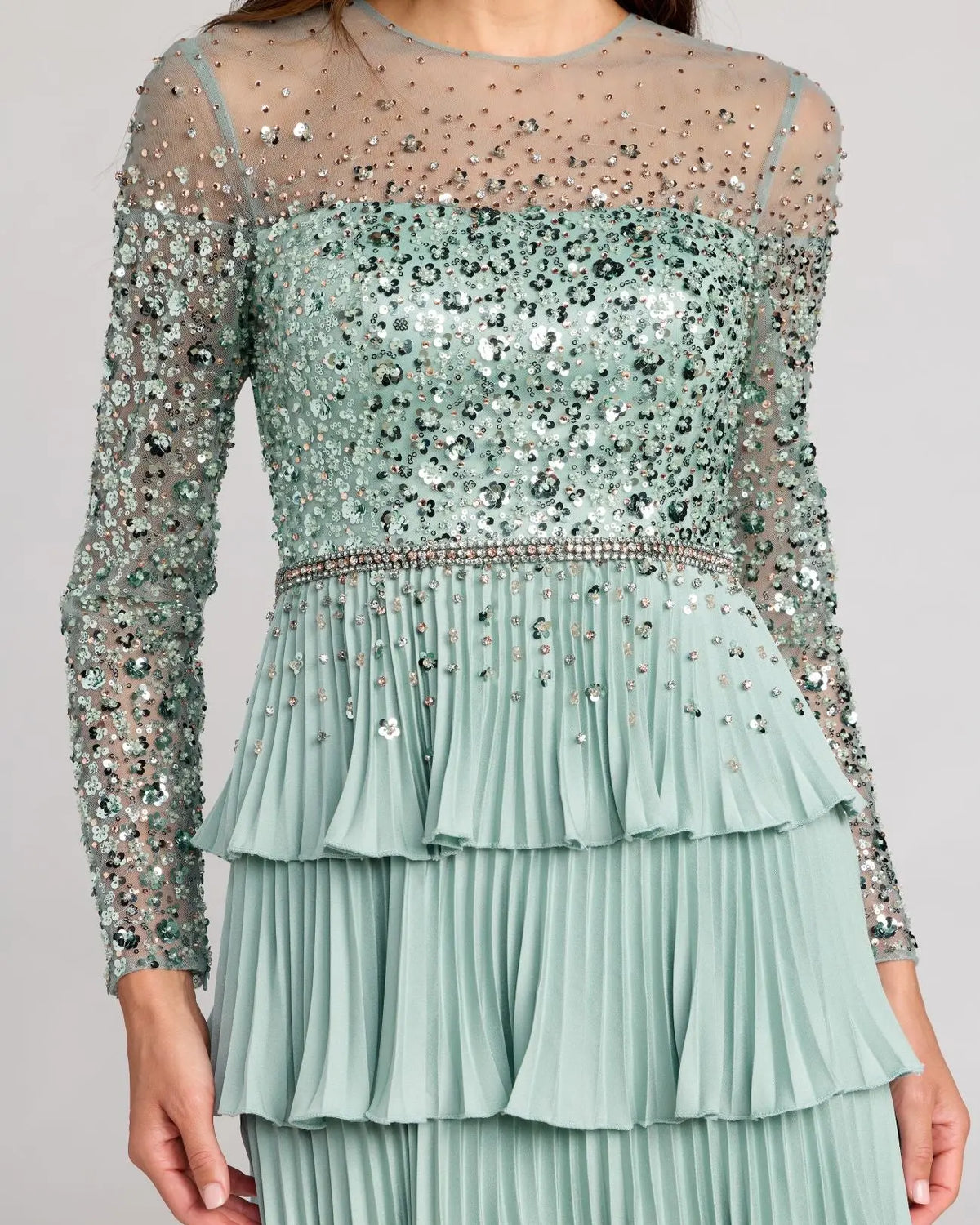 Mac Duggal #11903 sage gown, close-up of beaded bodice and illusion jewel neckline