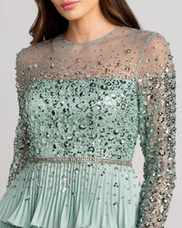 Mac Duggal #11903 sage gown, close-up of beaded waistband and pleated crepe ruffle skirt