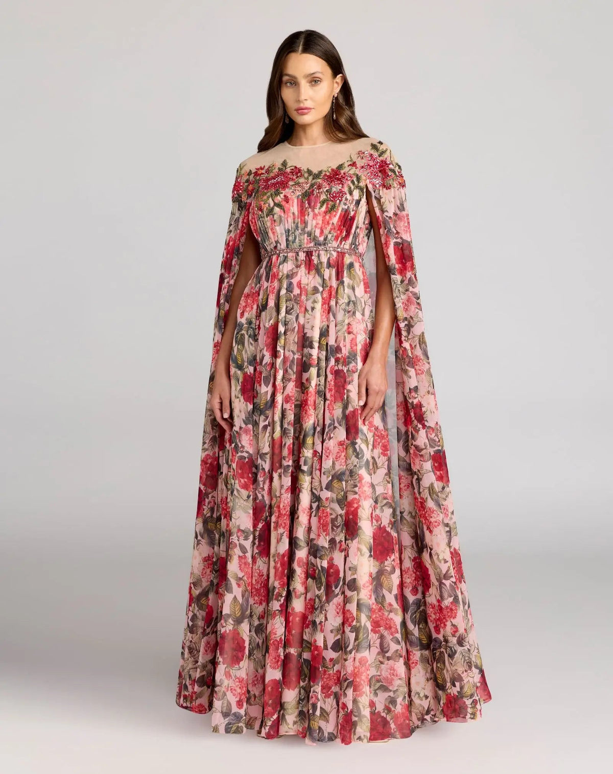 Mac Duggal Multicolor Floral Printed Chiffon High Neck Cape Gown #11907 Rose Multi