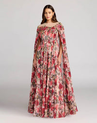Mac Duggal Multicolor Floral Printed Chiffon High Neck Cape Gown #11907 Rose Multi