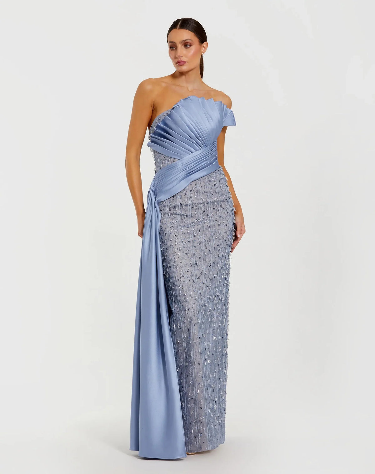 Mac Duggal Fusion Blue Beaded Lace Column Gown with Satin Sash #11909
