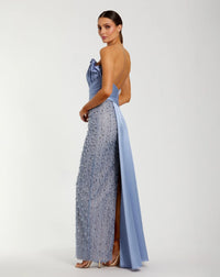Mac Duggal Fusion Blue Beaded Lace Column Gown with Satin Sash #11909