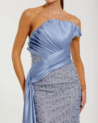 Mac Duggal Fusion Blue Beaded Lace Column Gown with Satin Sash #11909