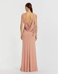 Pink Sleeveless Jersey Cowl Neck Gown With Beading #11910