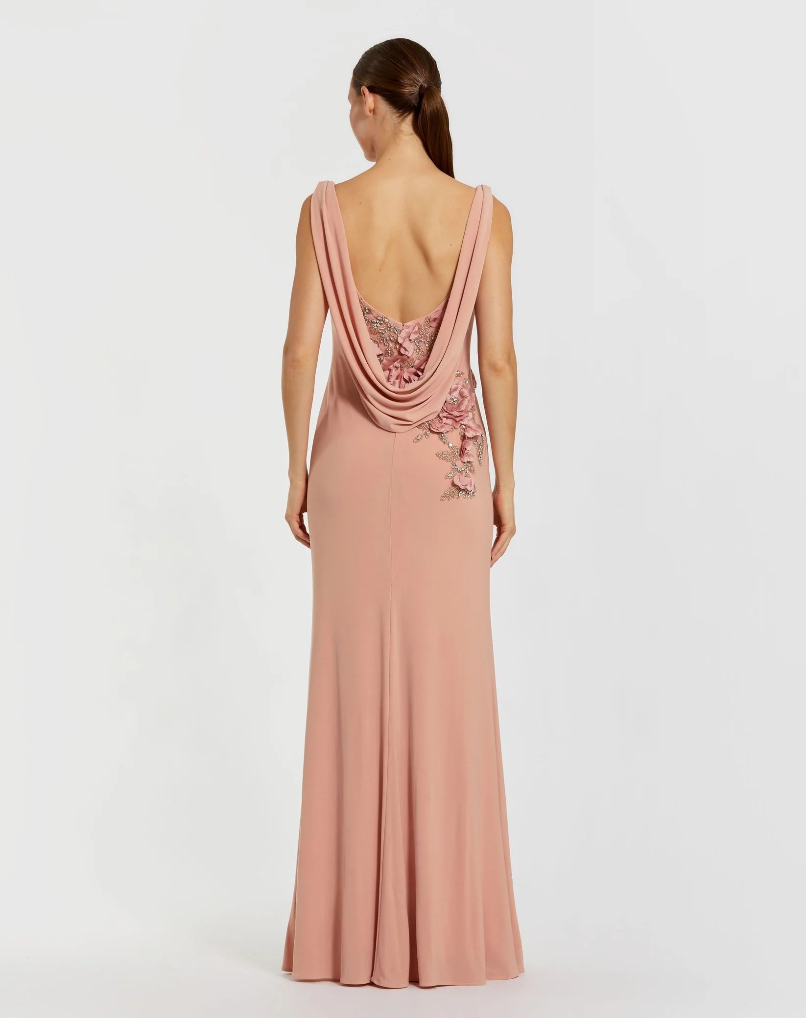Pink Sleeveless Jersey Cowl Neck Gown With Beading #11910