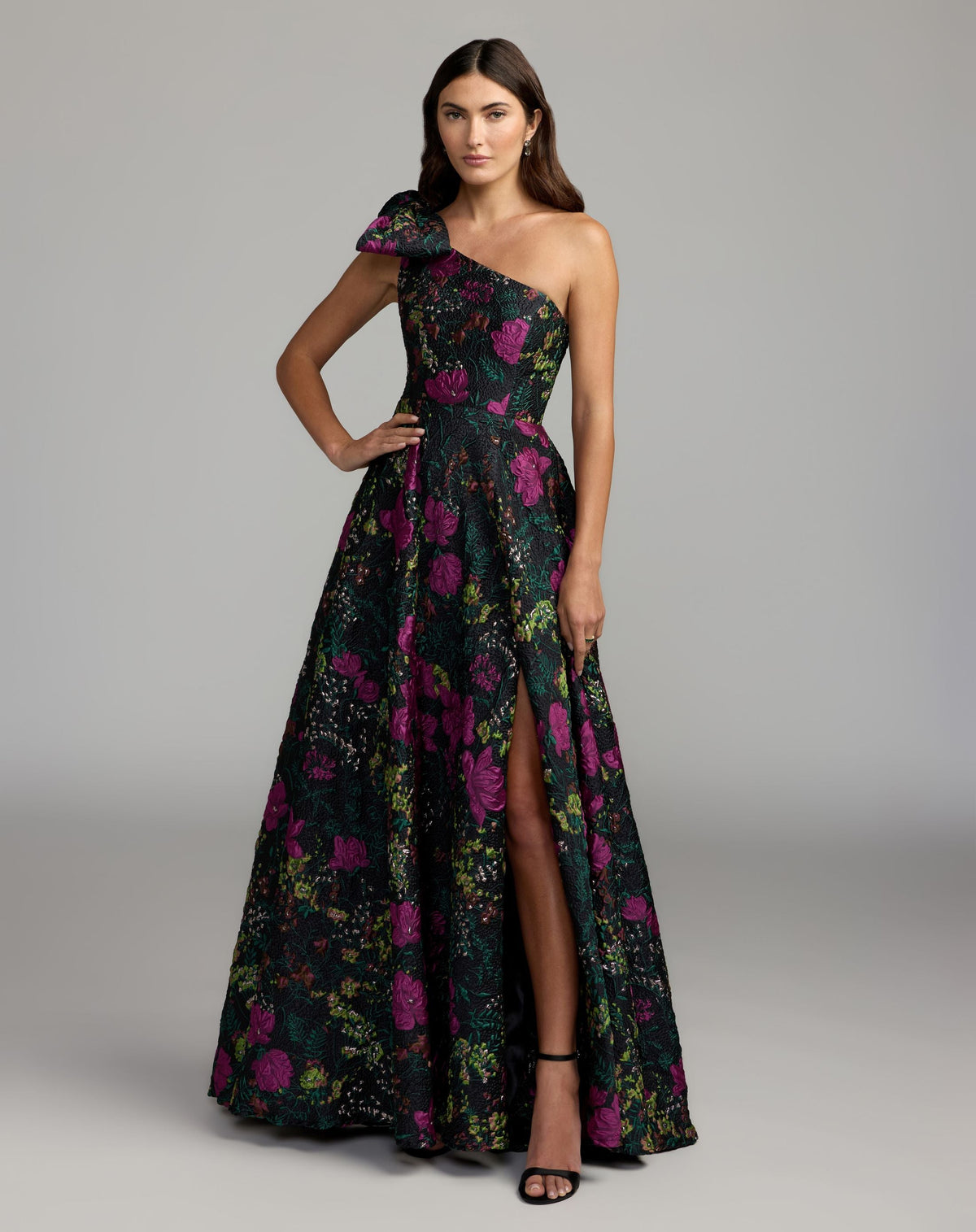 Mac Duggal #11919 Black One Shoulder Brocade Floral Gown