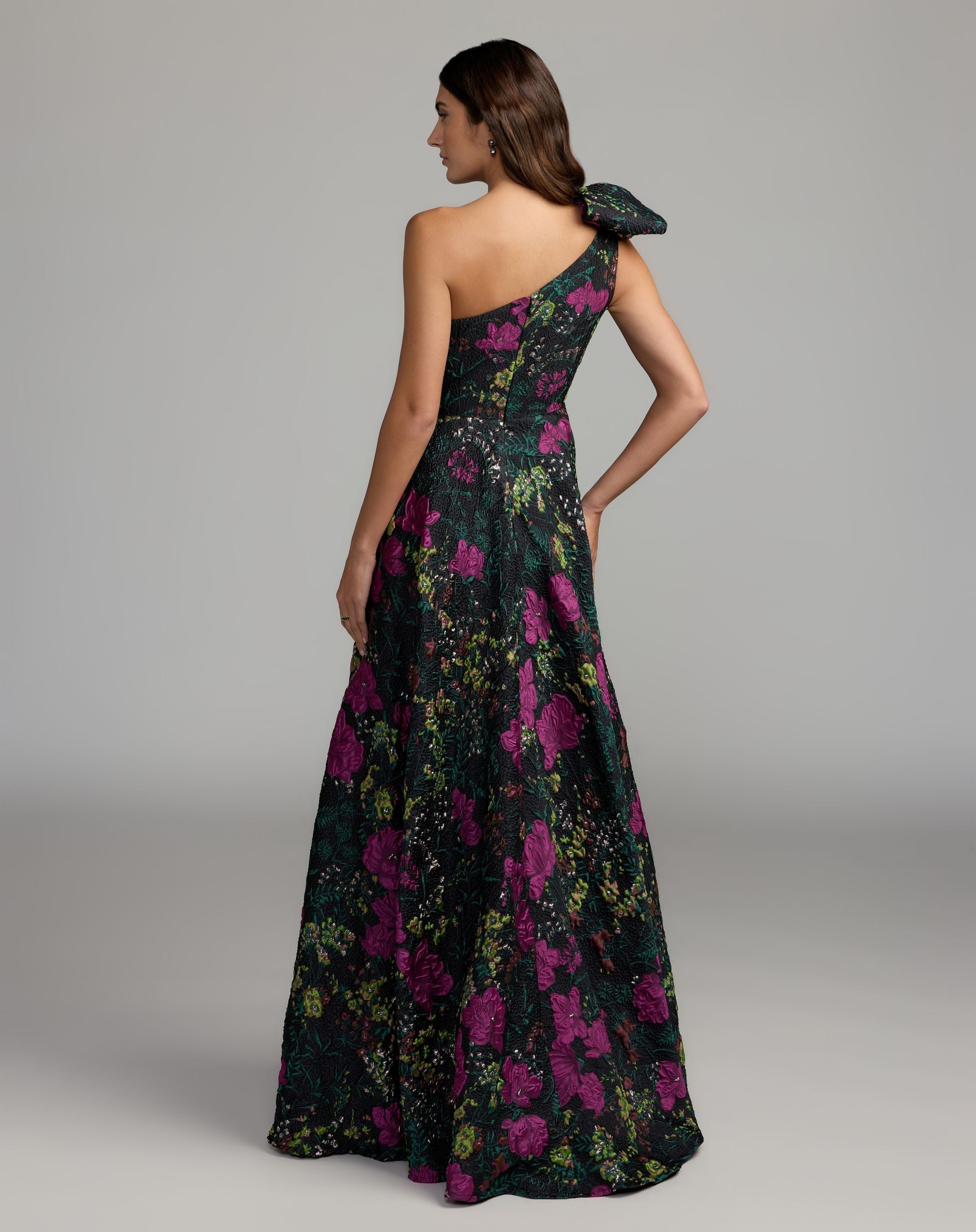 Mac Duggal 11919 black multi one shoulder brocade floral gown — back
