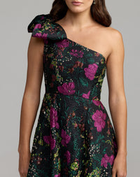 Mac Duggal 11919 black multi one shoulder brocade floral gown — detail